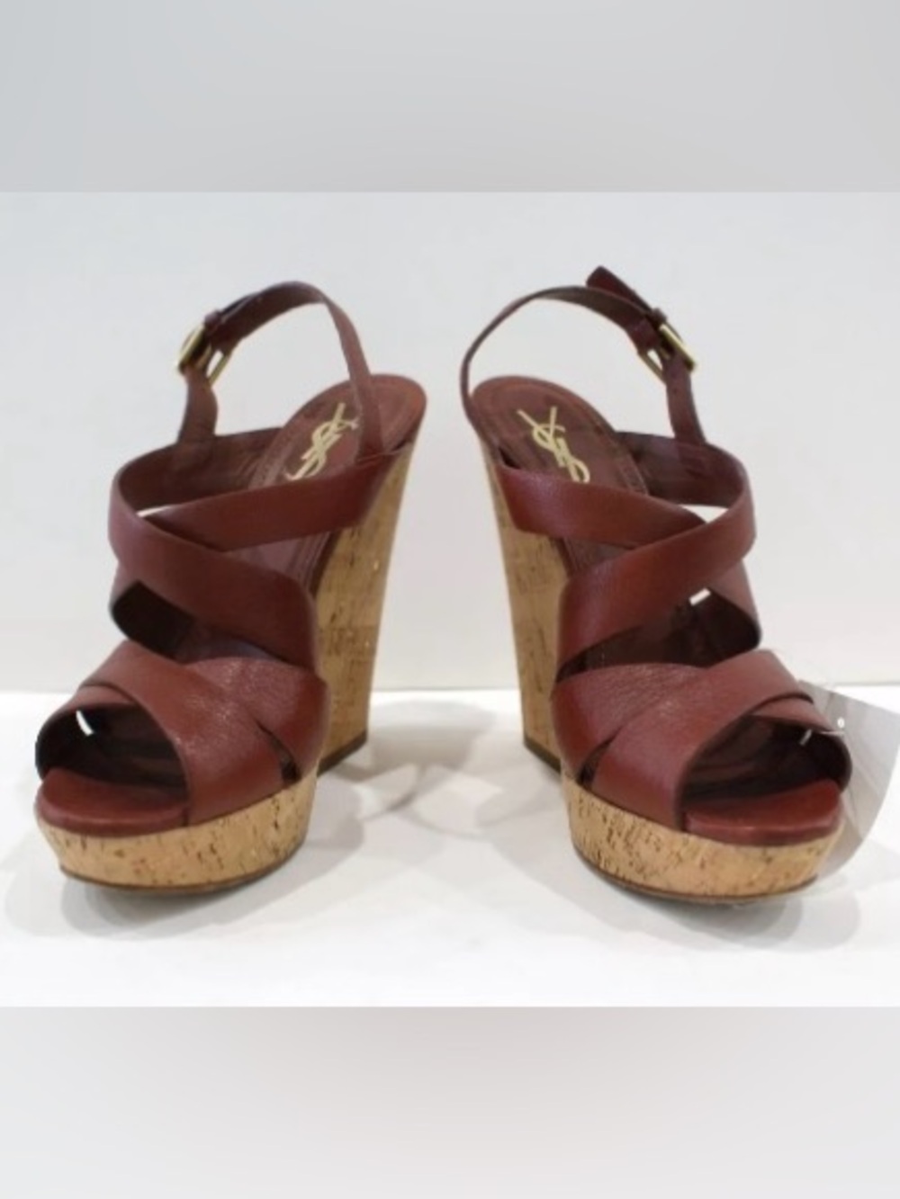 Saint Laurent Brown Leather Cork Platform Wedges